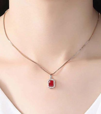 Lab Ruby And Diamond Halo Octagon Cut Necklace In Silver