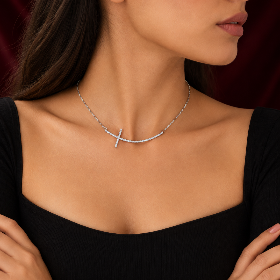 Diamond Sideways Cross Bar Necklace in White | Gold Gold & Platinum