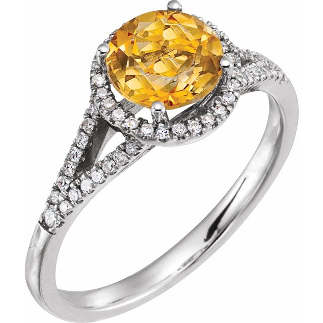 Round Citrine Halo Ring with Diamond Accents in White Gold