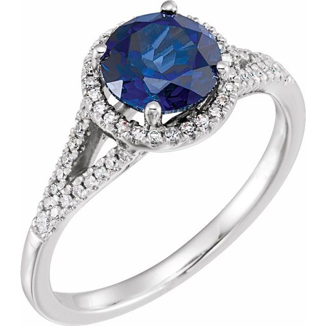 Round Lab-Grown Blue Sapphire & Diamond Halo Ring in White Gold