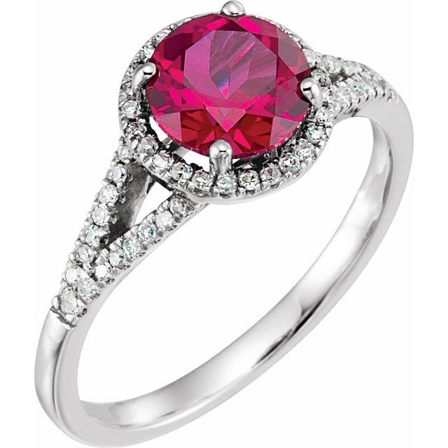 Round Lab-Grown Ruby Halo Ring with Diamond Accents in White Gold