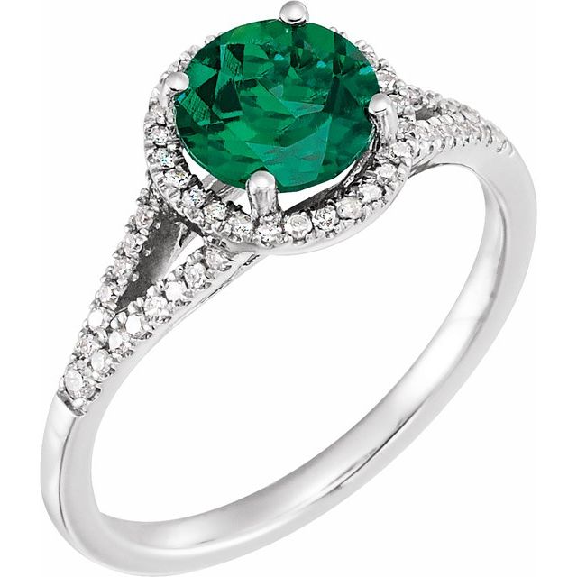 Round Lab-Grown Emerald & Diamond Halo Ring in White Gold