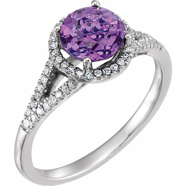 Round Amethyst Halo Ring with Diamond Accents in White Gold