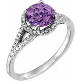 Round Amethyst Halo Ring with Diamond Accents in White Gold