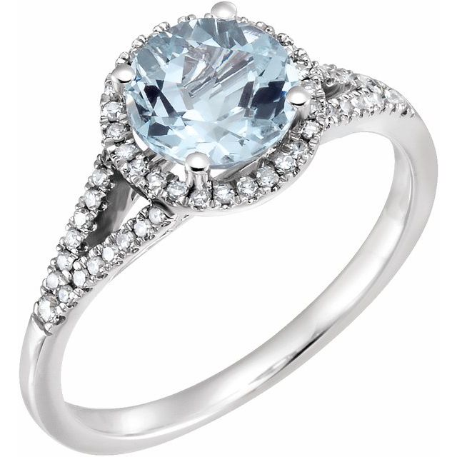 Round Aquamarine Halo Ring with Diamond Accents in White Gold