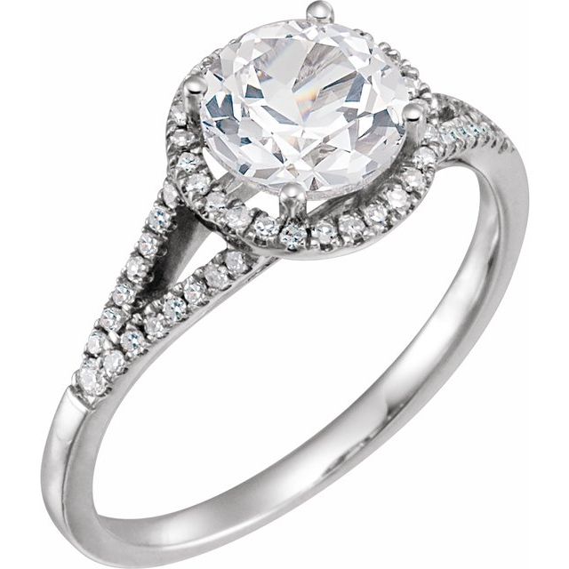 Round Lab-Grown White Sapphire & Diamond Halo Ring in White Gold