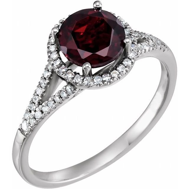 Round Mozambique Garnet & Diamond Halo Ring in White Gold