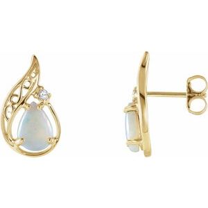 White Opal & Diamond Pear Stud Earrings in Gold and Platinum