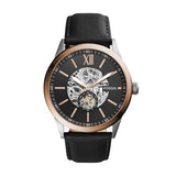 Fossil Flynn Mechanical Watch, Black Leather Strap