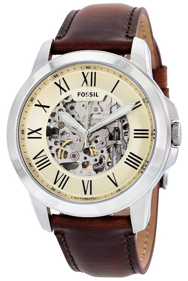 Fossil Grant Men’s Automatic Watch – Beige Dial, Brown Leather Strap