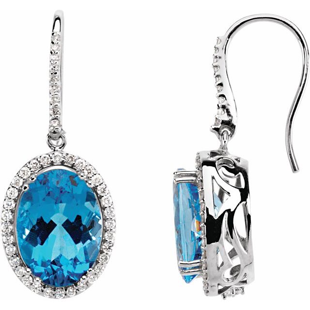 Swiss Blue Topaz & Diamond Oval Halo Stud Earrings in Gold and Platinum