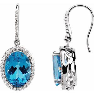 Swiss Blue Topaz & Diamond Oval Halo Stud Earrings in Gold and Platinum