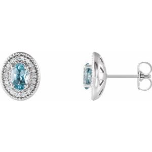 Aquamarine & Diamond Oval Halo Stud Earrings in Gold and Platinum