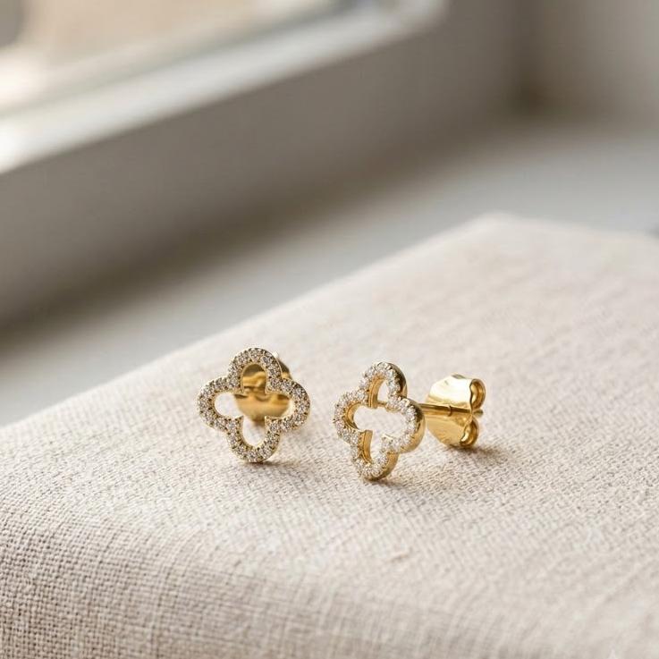 9K White or Yellow Gold 0.19ct Natural Diamond Clover Earrings