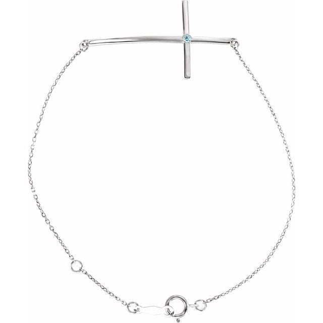 Natural Aquamarine Round Accented Sideways Cross Bracelet In Set