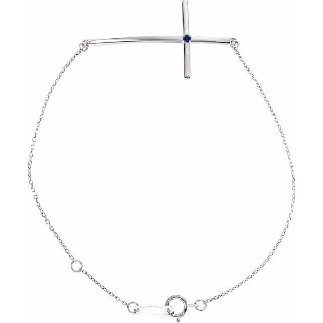 Natural Blue Sapphire Round Accented Sideways Cross Bracelet In Set