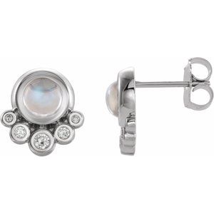 Rainbow Moonstone & Diamond Round Stud Earrings in Gold and Platinum