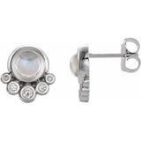 Rainbow Moonstone & Diamond Round Stud Earrings in Gold and Platinum