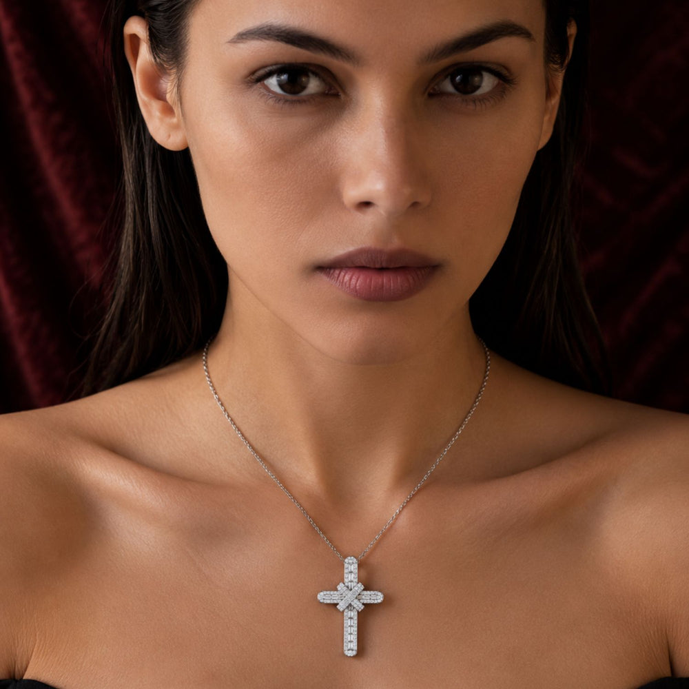 Baguette & Round 0.5Ct Diamond Cross Pendant with Chain