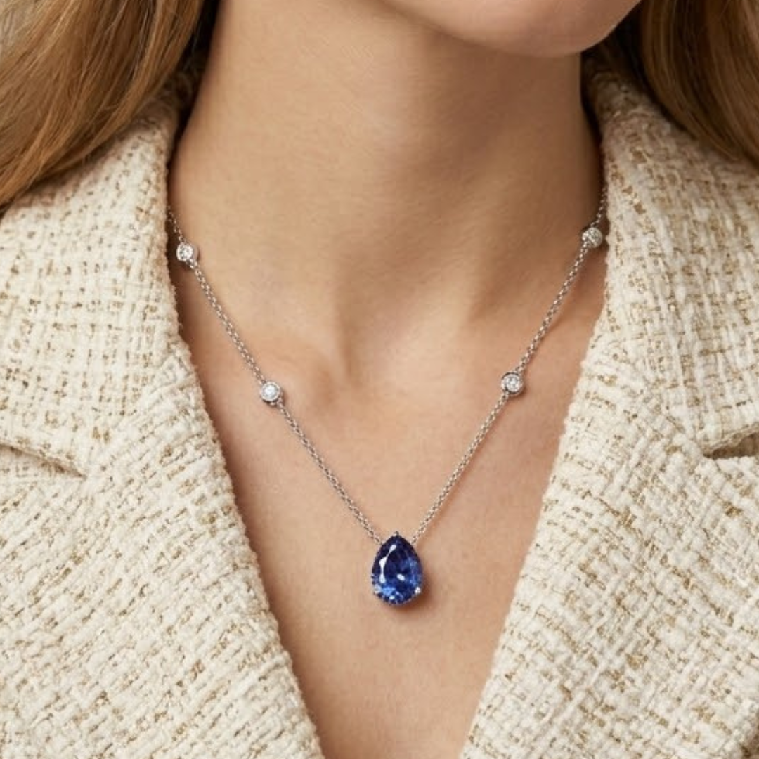 3.20ct Lab Grown Sapphire and Pear Cut Diamond Solitaire Necklace in 925 Silver