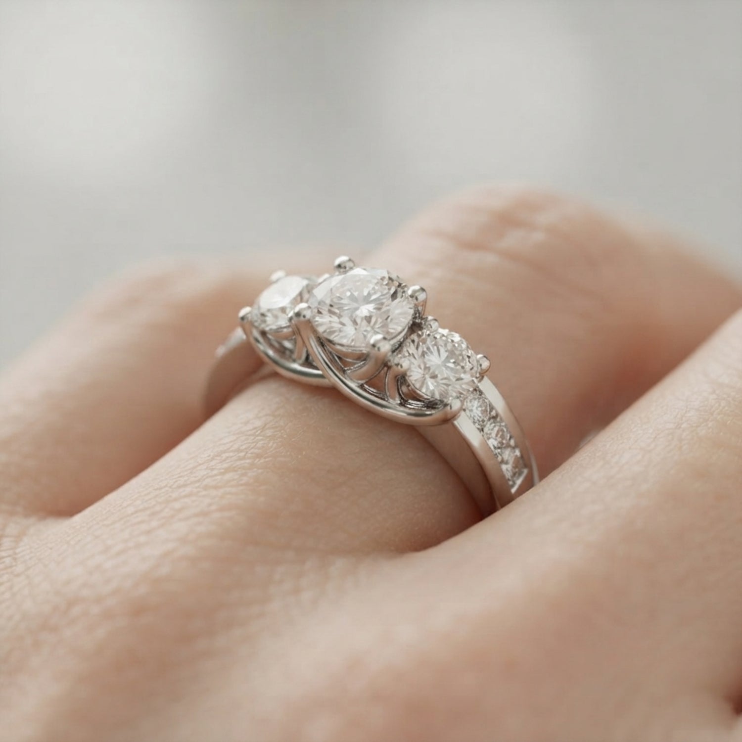 Lab-Grown Three Stone Round Cut Diamond Engagement Ring Available in 18k White Gold