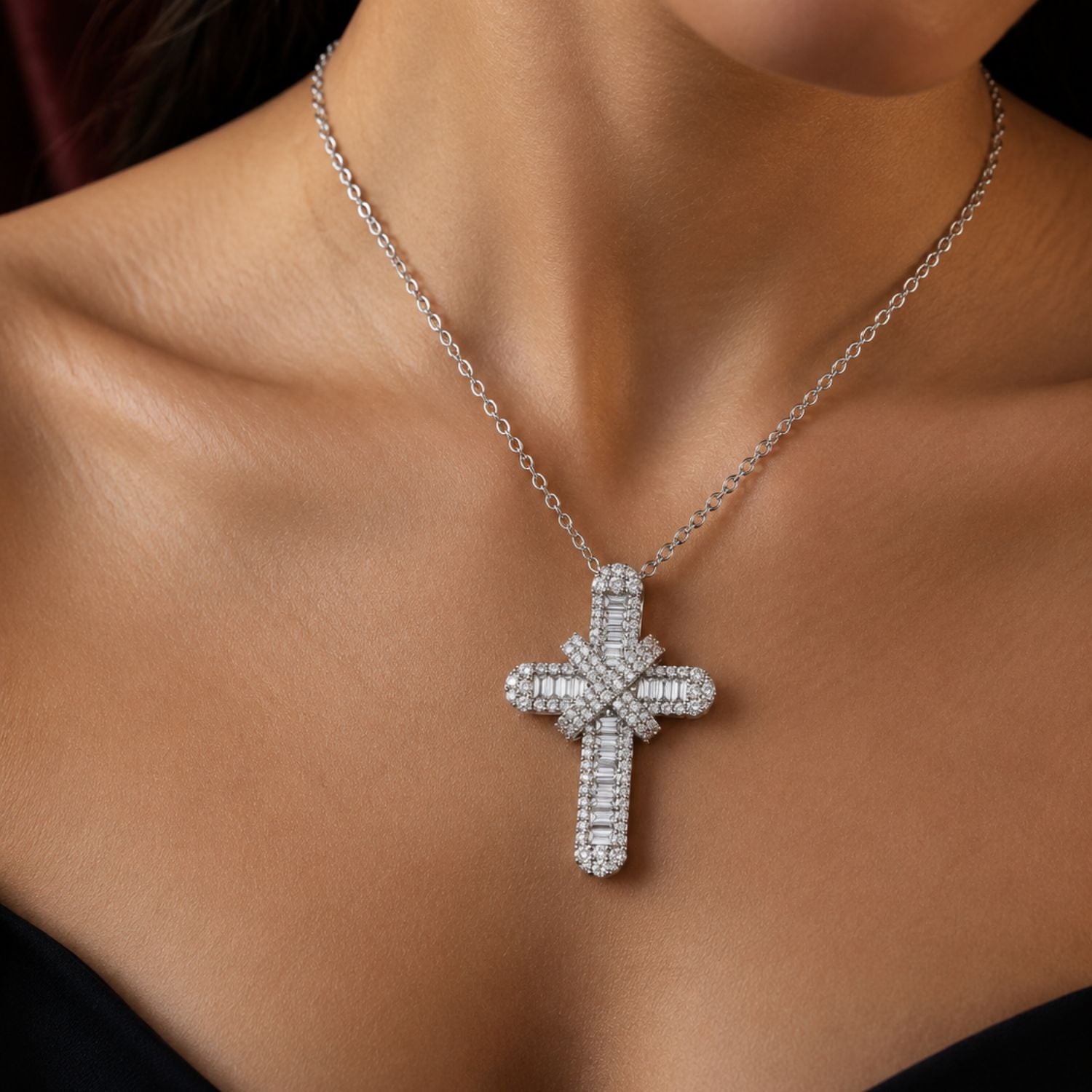 1.25 Ct Natural Baguette & Round Diamond Cross Pendant | 9K White Gold