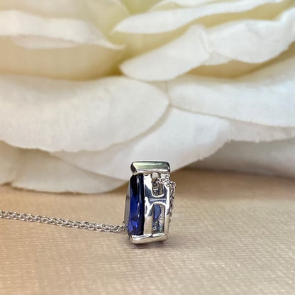 Lab Sapphire Diamond Solitaire Necklace In Silver