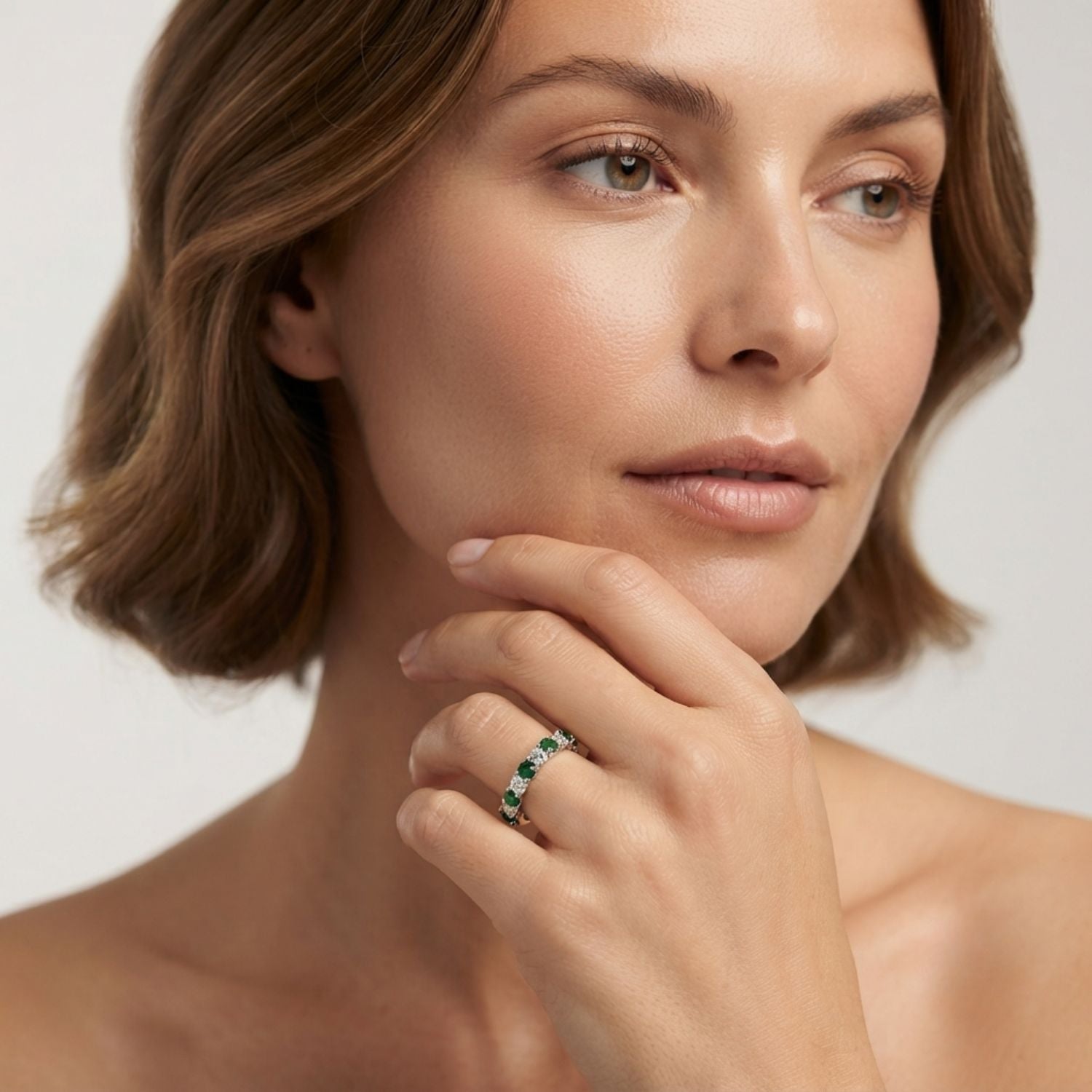 Emerald Half Eternity Ring with Round Natural Diamonds | Wedding Band