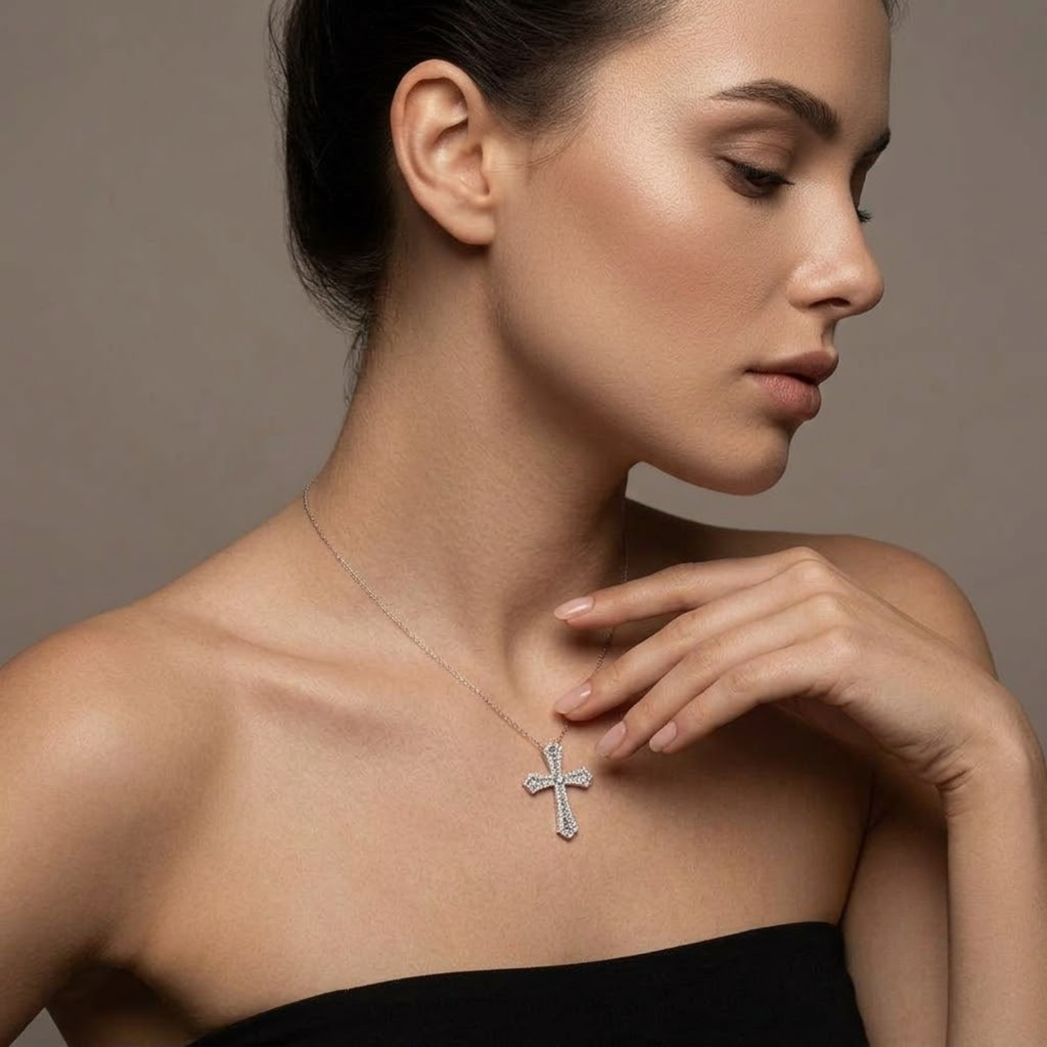Vintage Inspired Baguette Diamond Cross Pendant Necklace | Gold or Platinum
