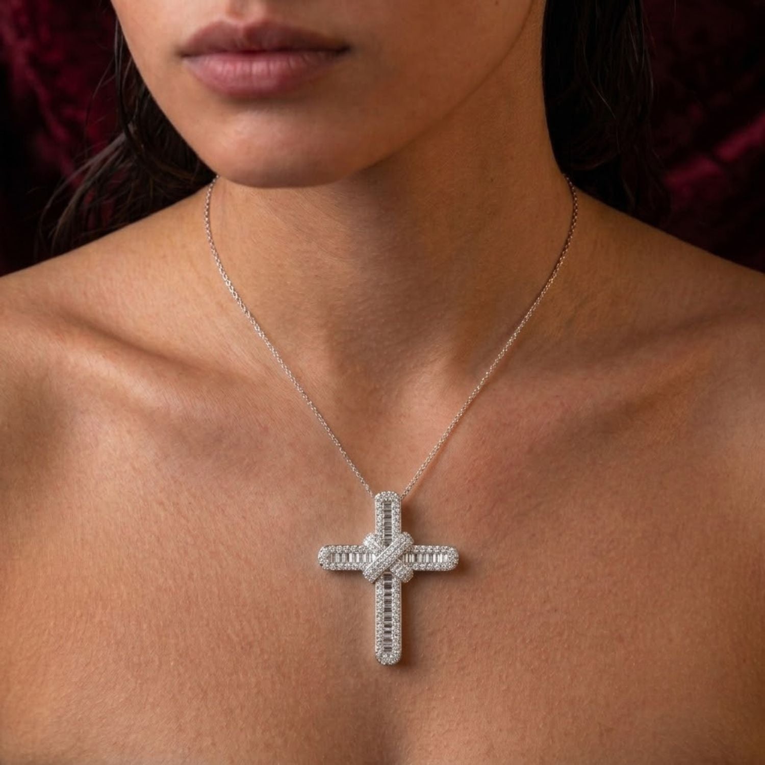 Baguette Diamond Knot Cross Pendant Necklace | Gold Diamond Cross