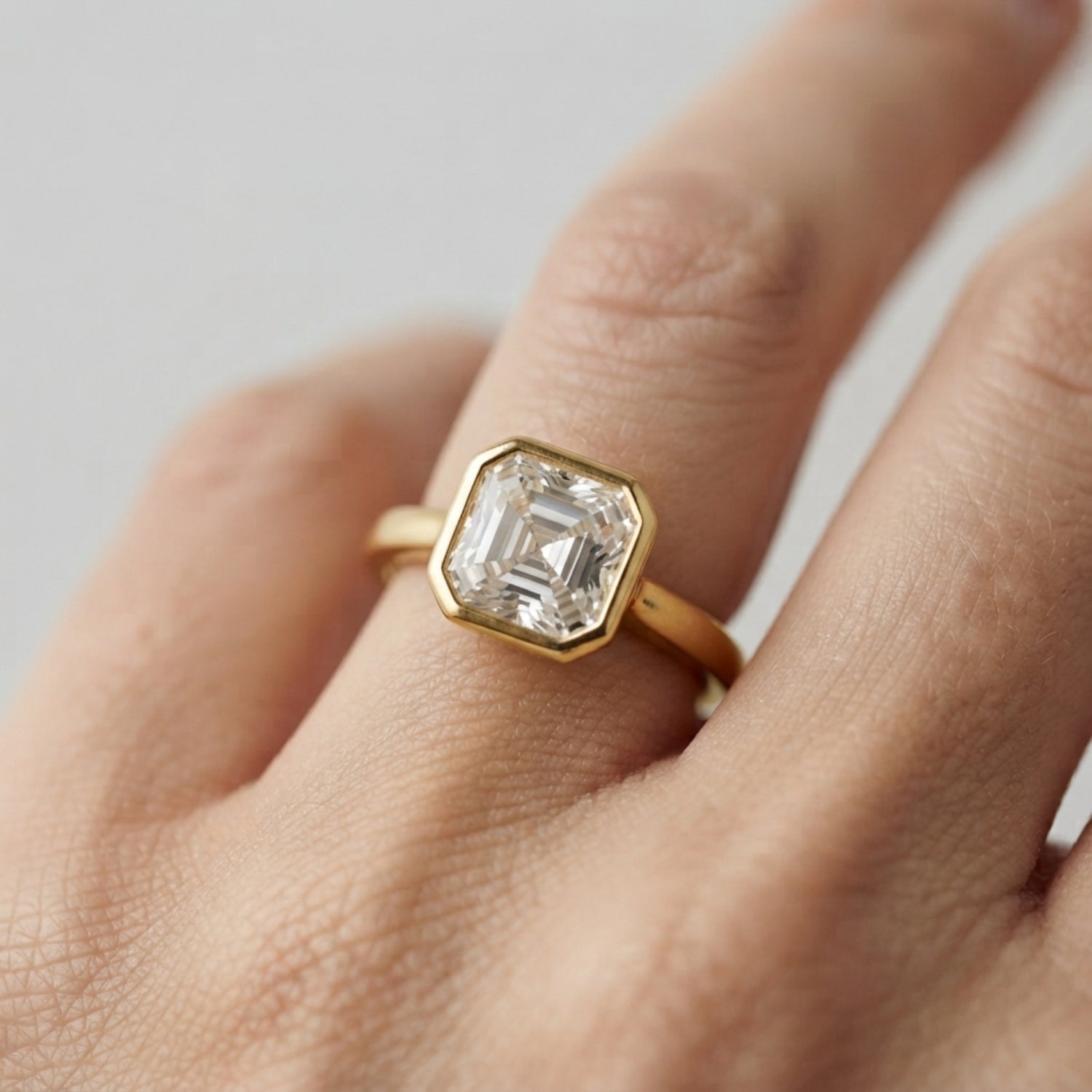 Lab-Grown Asscher Cut Diamond Bezel Set Solitaire Engagement Ring, D Color VVS Clarity