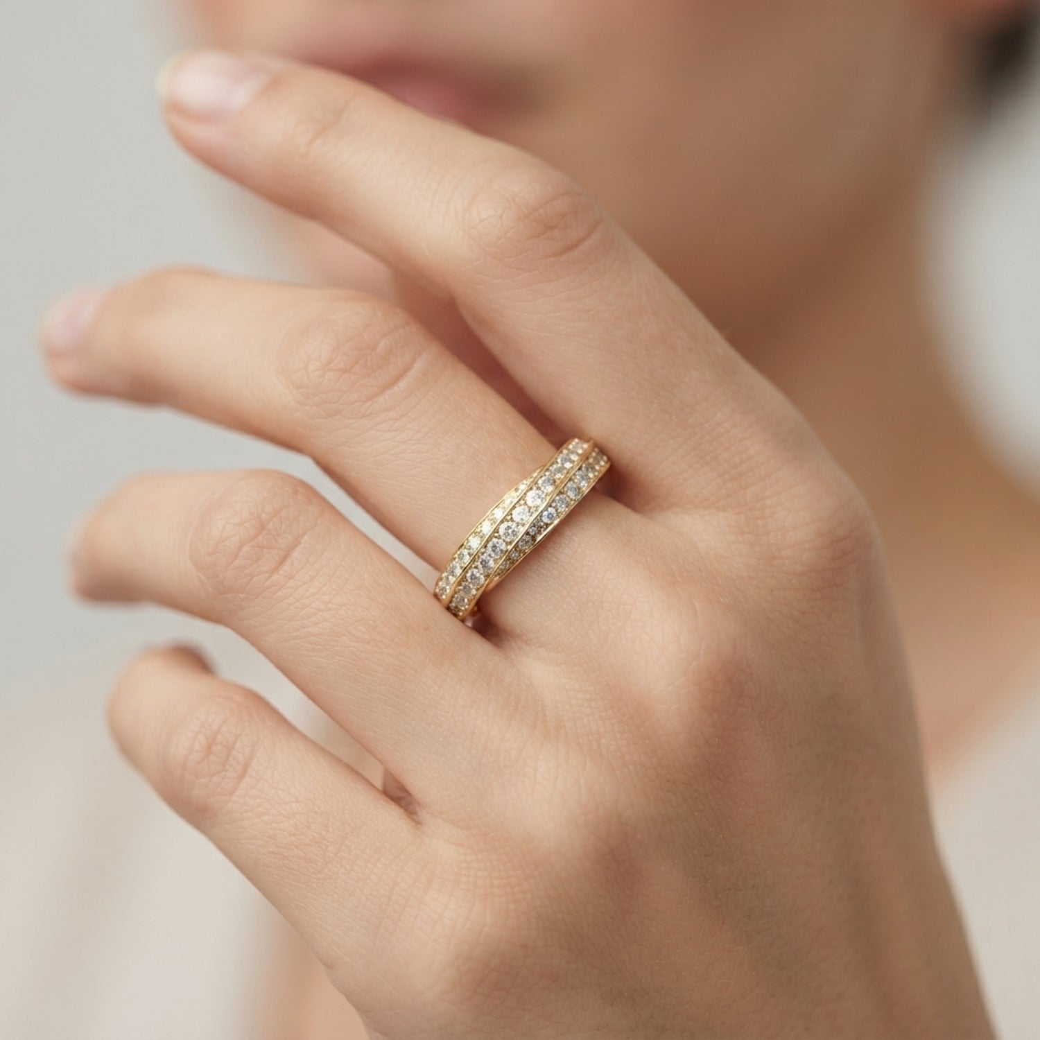 Multirow Pave Twisted Shank Half Eternity Ring in Gold & Platinum