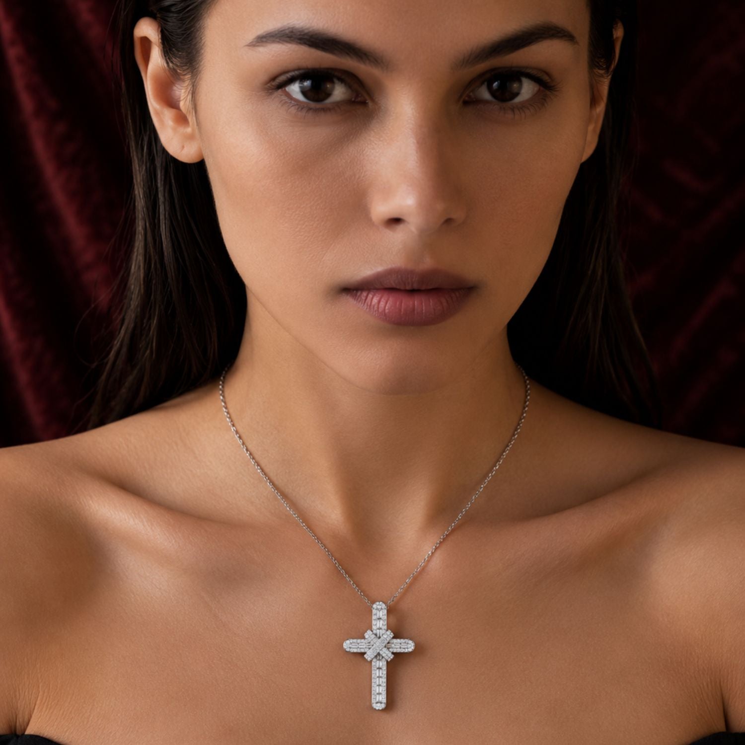 Baguette & Round Diamond Cross Pendant | 0.35 Ct & 0.50 Ct | 9K/18K Gold or Platinum
