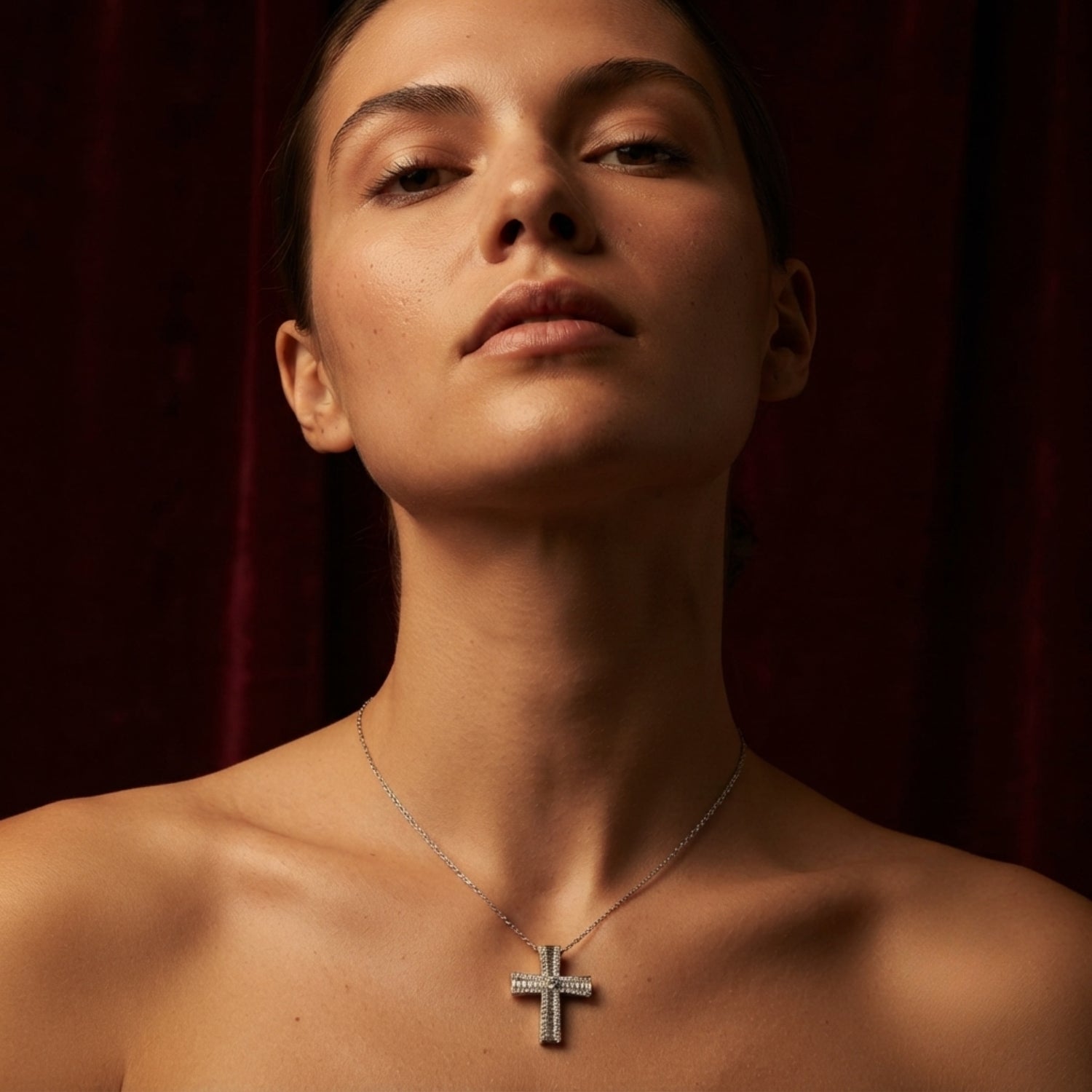 Art Deco Baguette Diamond Cross Pendant Necklace | Halo Diamond Cross