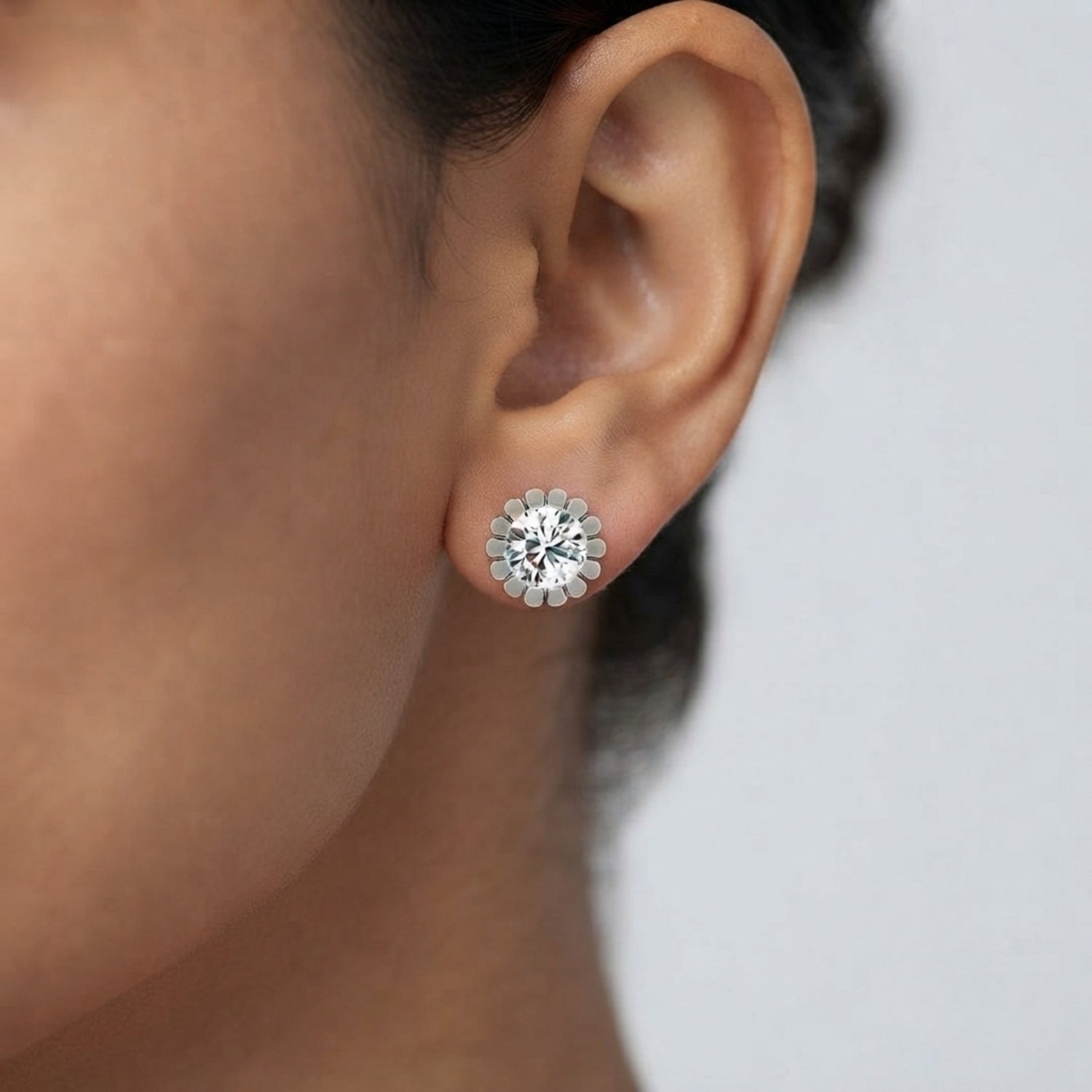 Stud Earrings with Floral Bezel Set Diamonds - Solid Gold