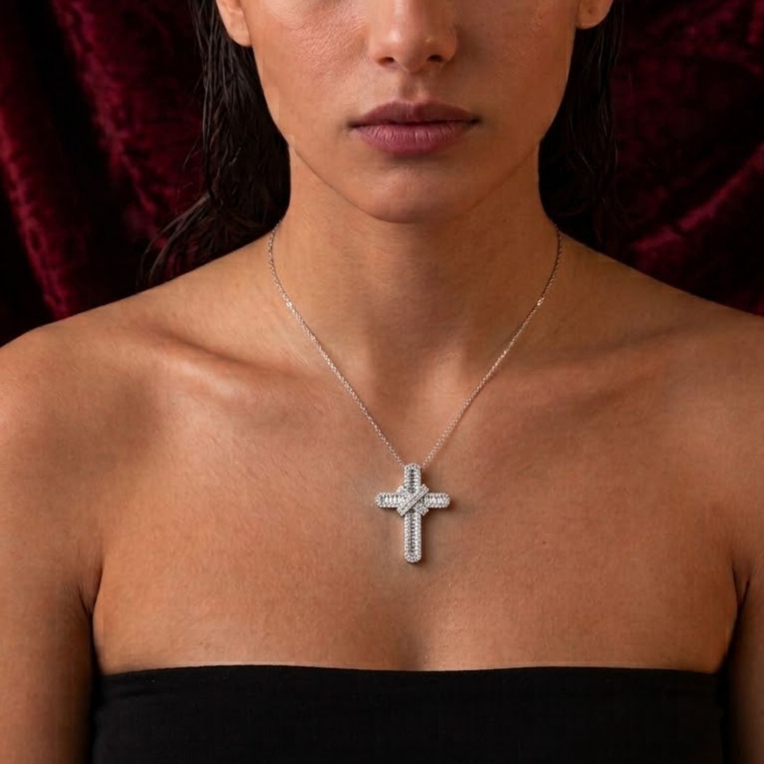 5Ct Baguette Diamond Cross Pendant with Round Diamond Border
