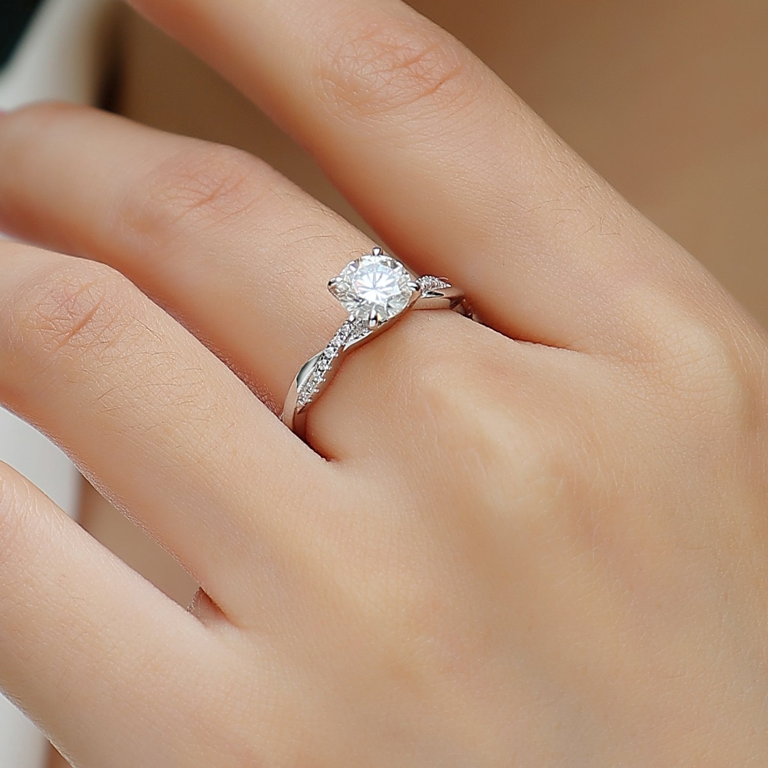 Side stone diamond ring, 9K white gold diamond ring