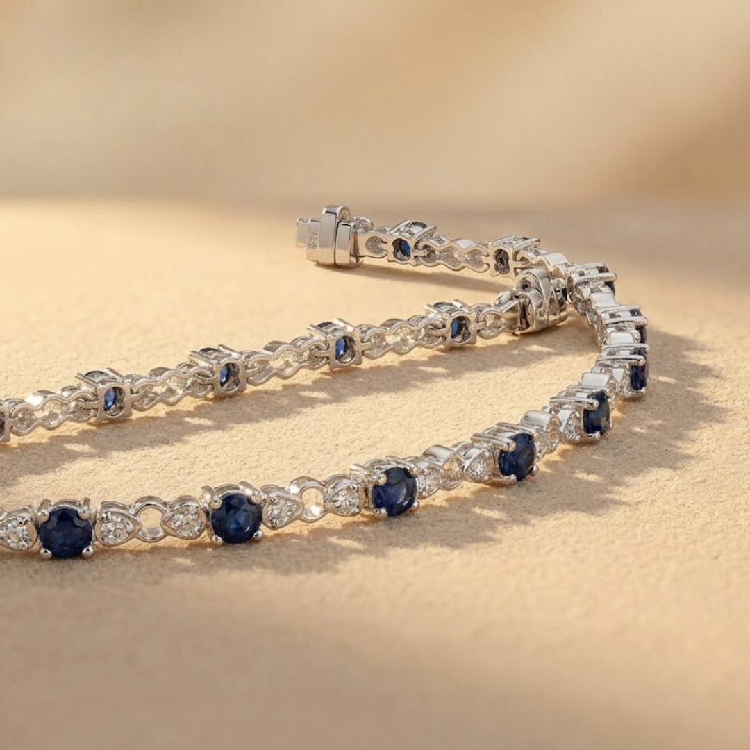 Blue Sapphire and 0.17ct Lab Grown Diamond Claw Set Tennis Bracelet in 925 Sterling Silver