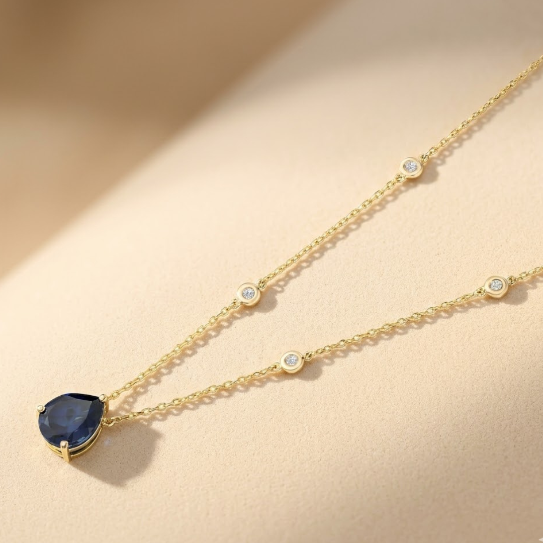 Astra 3.20ct Lab Grown Sapphire and Pear Cut Diamond Solitaire Necklace in 18K Gold Vermeil