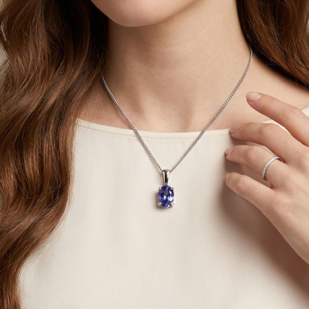7 x 5mm Oval Tanzanite Solitaire Pendant Necklace in 925 Sterling Silver (0.85ct)