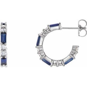 Blue Sapphire & Diamond Baguette Hoop Earrings in Gold and Platinum