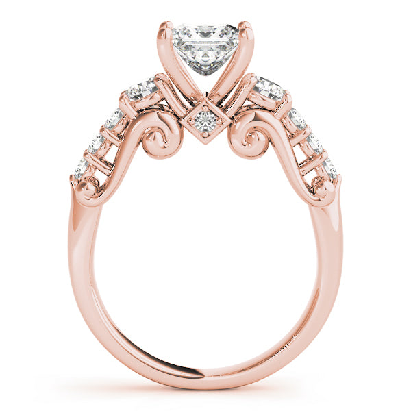 Rose gold ring with diamond accents on a white background