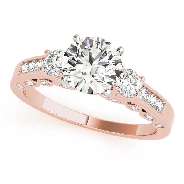 Rose gold ring with three diamonds on a white background