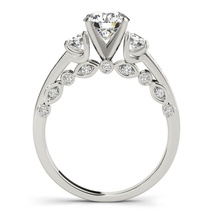 Diamond ring with a central gemstone and smaller diamonds on a white background