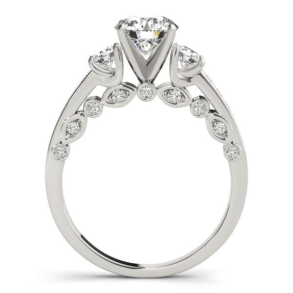 Diamond ring with a central gemstone and smaller diamonds on a white background