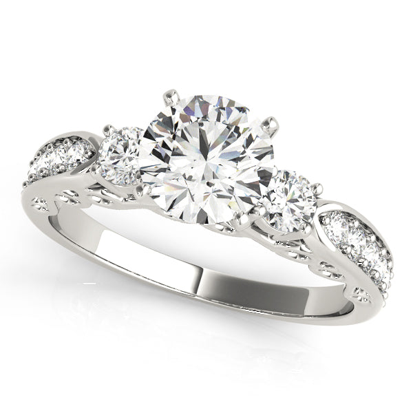 Diamond ring with three circular diamonds on a white background