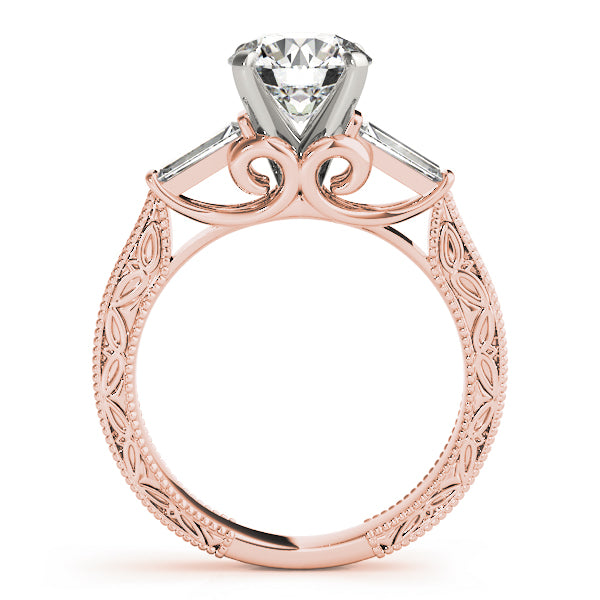 Rose gold ring with intricate design and diamond on a white background