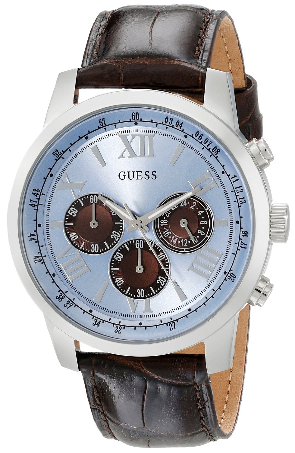 Guess Herrenuhr mit braunem Krokodillederarmband und blauem Sonnenschliff-Zifferblatt