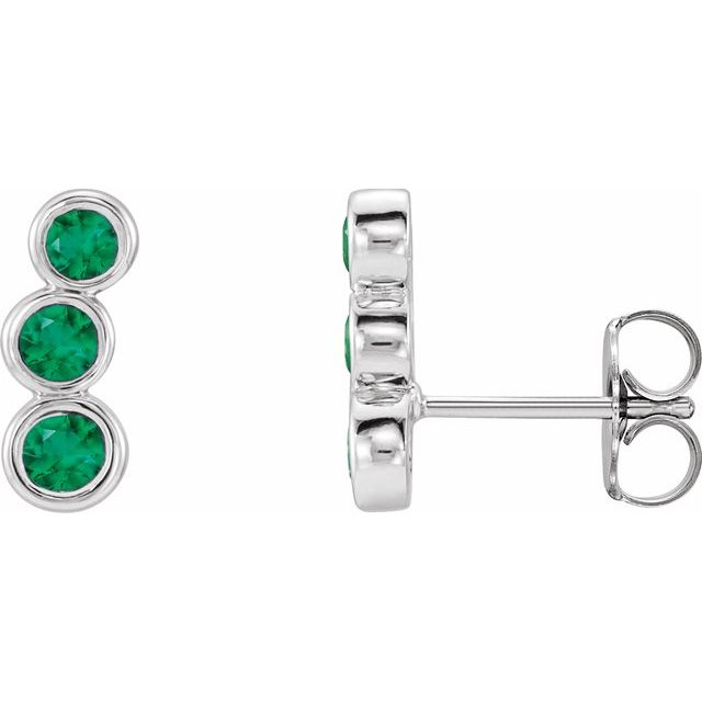 Emerald Round Three-Stone Ear Climber Earrings in Gold and Platinum