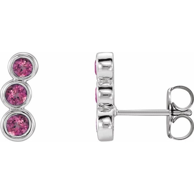Pink Tourmaline Round Three-Stone Ear Climber Earrings in Gold and Platinum